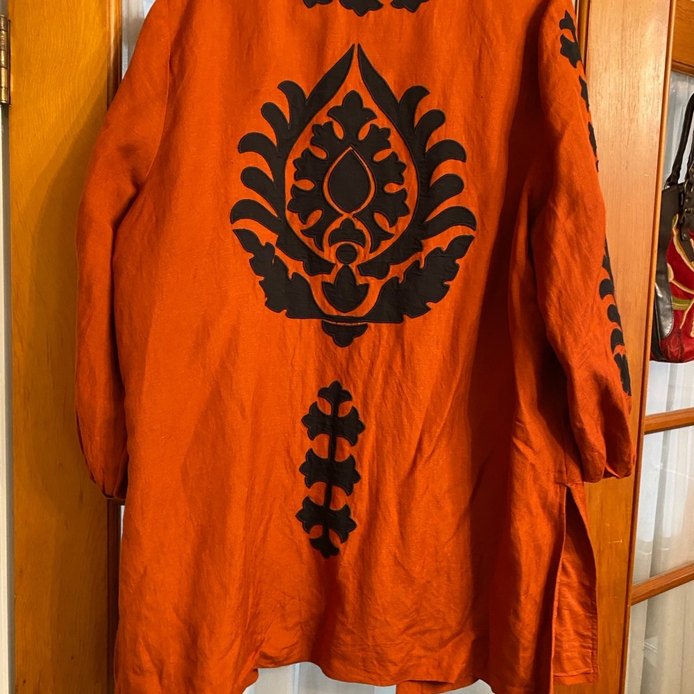 Chicos Appliqué Rust Orange & Black Lined Jacket Linen Blend Gorgeous XL Sz. 16 - Picture 5 of 10